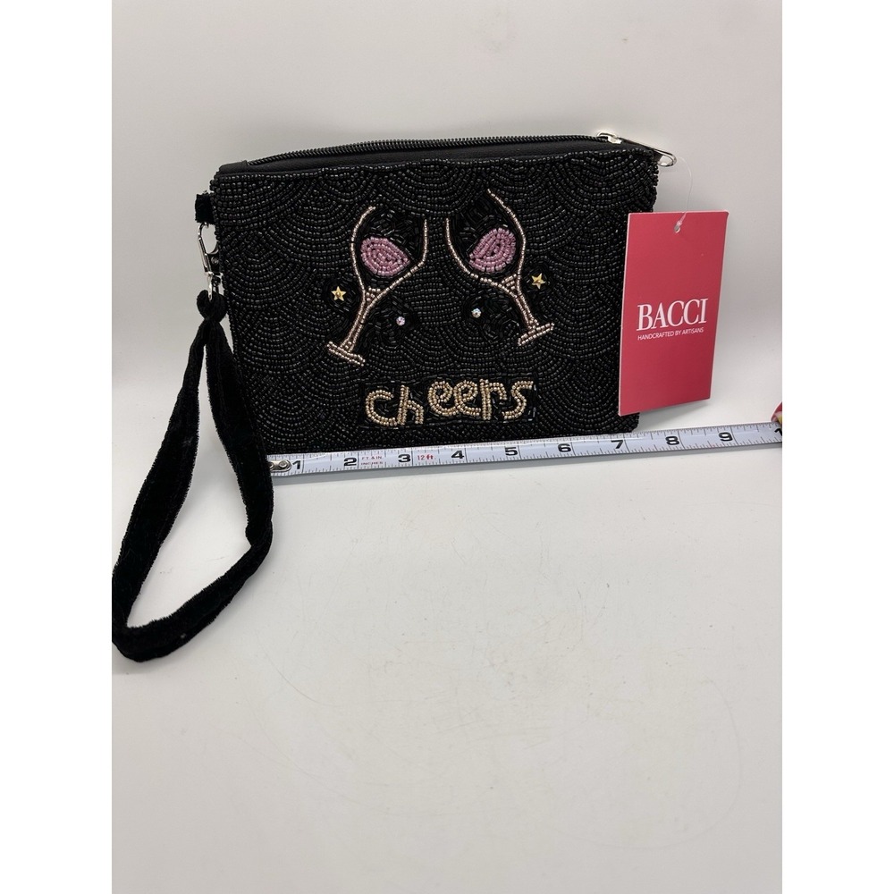 BACCI‎ Beaded Cheers Wine Glass Wristlet Clutch Black Cocktail New With Tags